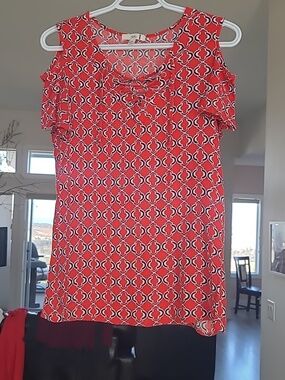 Cleo Kai Red Geometric Print Blouse.  Bright and Cheery